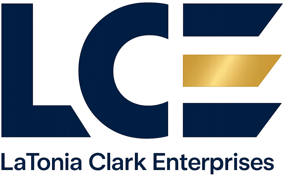 Logo of LaTonia Clark Enterprises, blue text.