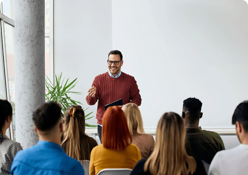 Instructor engaging with diverse audience