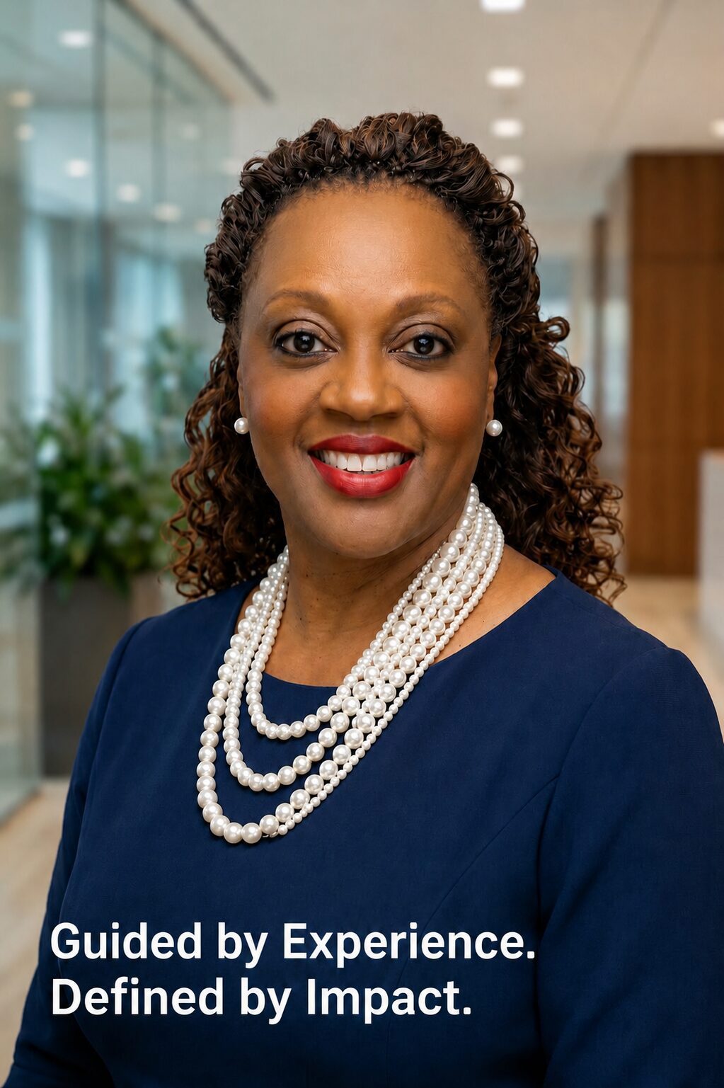 Smiling woman in office setting, wearing pearls.
