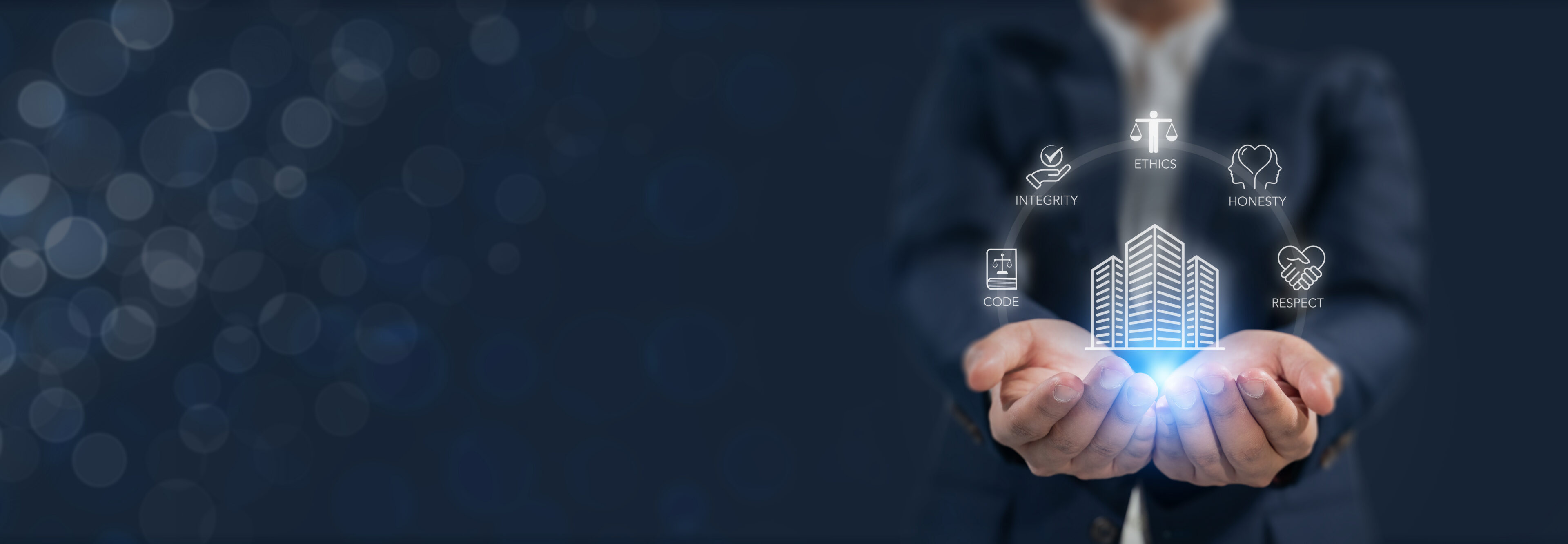 Businessman holding virtual cityscape and icons.