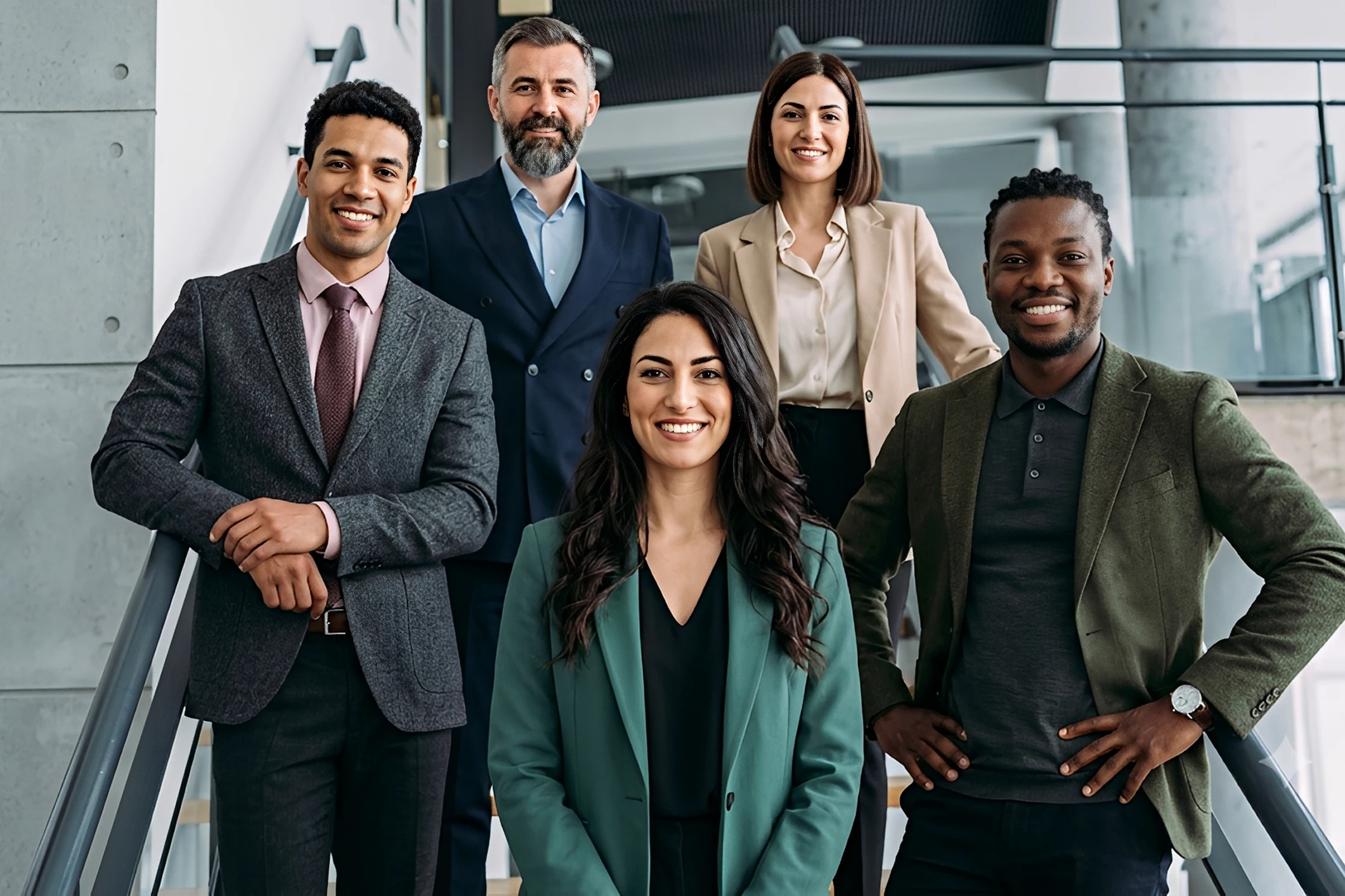 Group of professionals standing on a staircase.